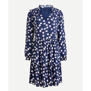 J. Crew Tie-neck tiered dress in scattered peony print Navy White Purple Size Sm